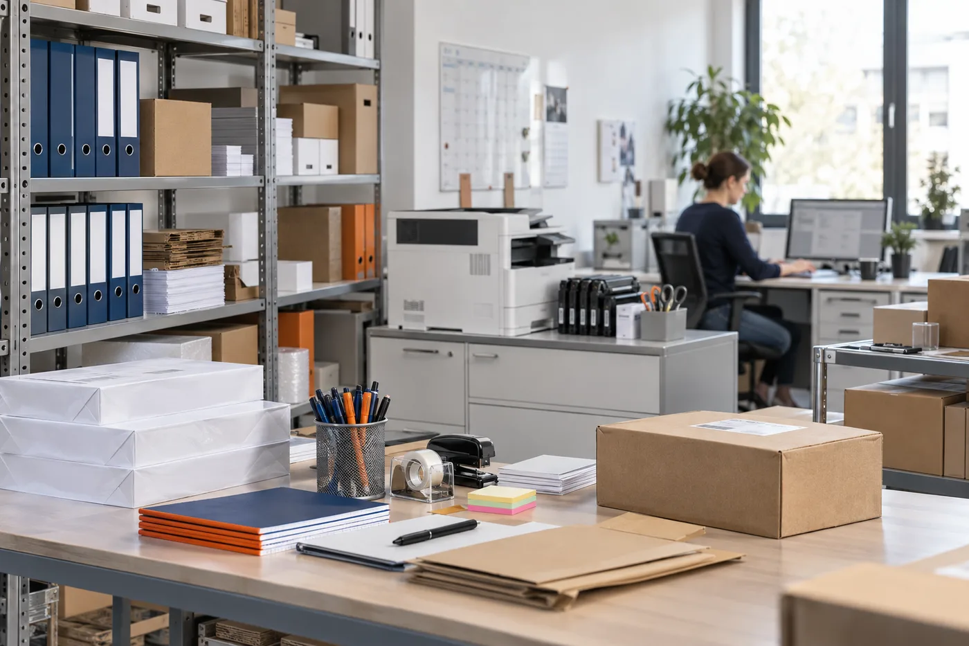 Organisierter Bürobedarf mit Papier, Ordnern, Drucker und Versandmaterial