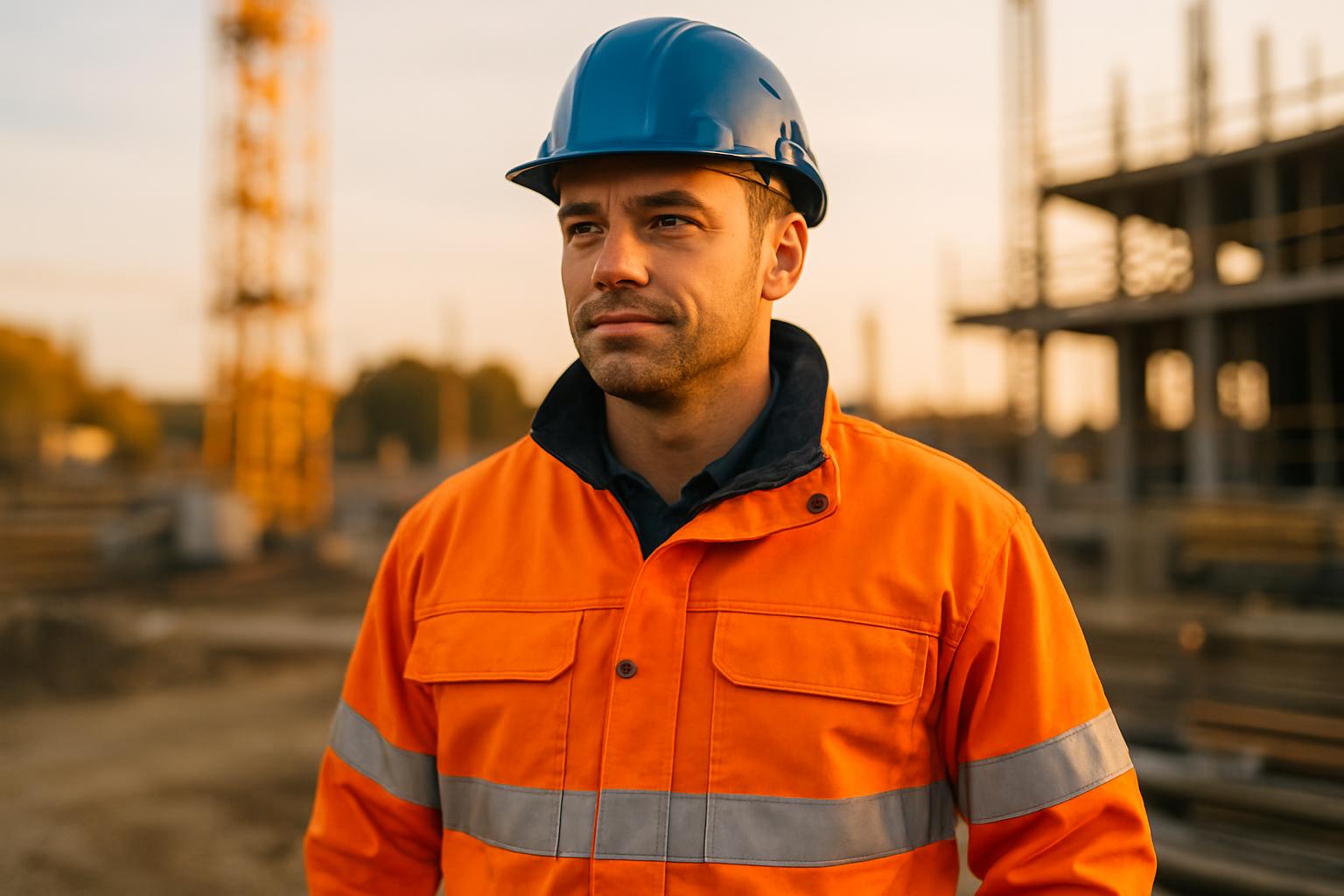 Handwerker in Warnschutzjacke und Schutzausrüstung auf der Baustelle