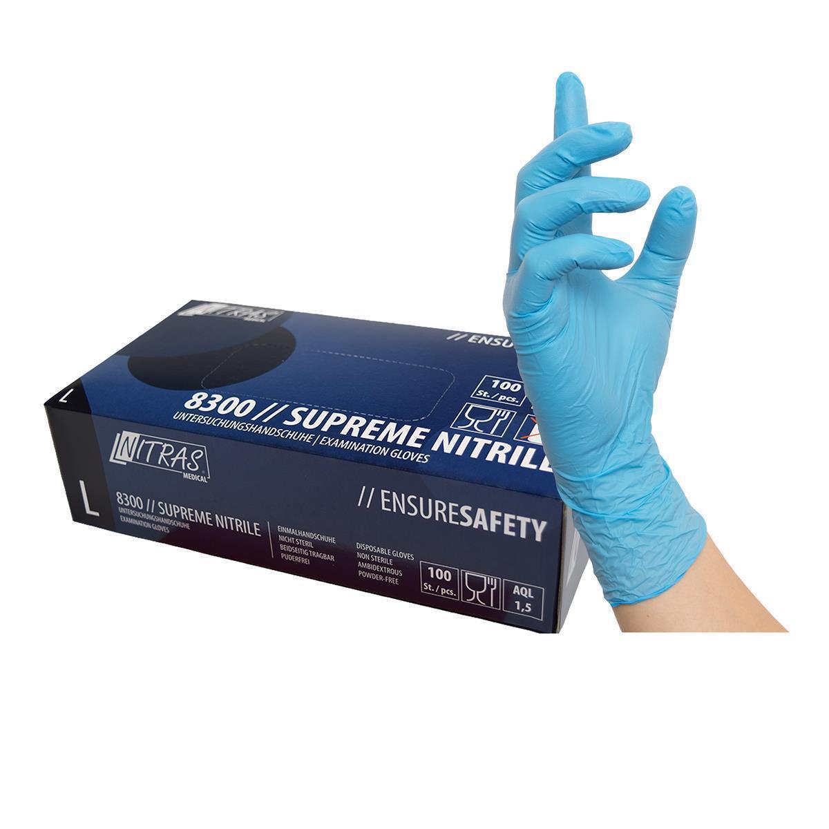 NITRAS SUPREME NITRILE, Nitril-Einmalhandschuhe, blau, EN ISO 374, Box à 100 Stück (8300)