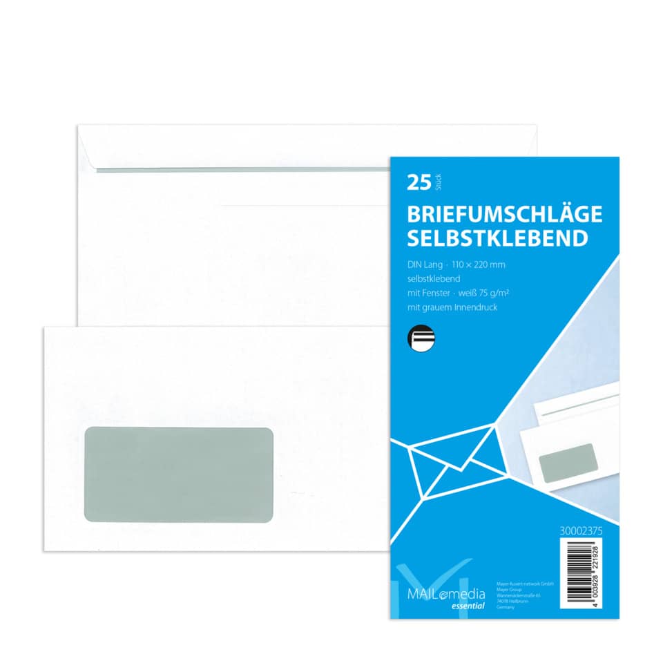 Briefumschläge DIN lang (220x110 mm), mit Fenster, selbstklebend, 72 g/qm, 25 Stück